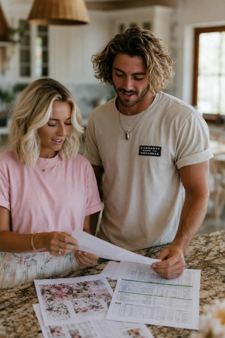 Why Weddings Go Over Budget (And Exactly Where the Money Goes) 7 Engaged couple reviewing wedding planning documents and inspiration sheets together in a bright home kitchen setting.