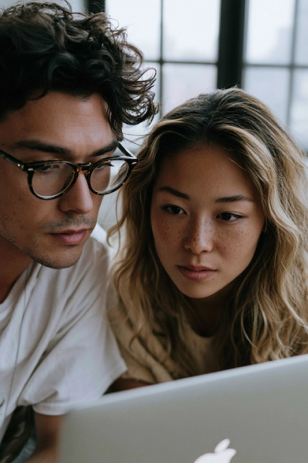 Wedding Guest List: How to Build, Track, and Trim It Without Losing Your Mind 1 Engaged couple reviewing wedding plans on a laptop at home, researching ideas, budgets, and next planning steps together.