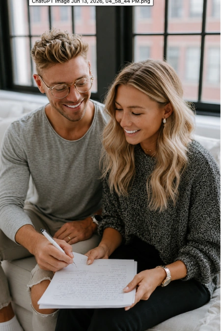 Why Weddings Go Over Budget (And Exactly Where the Money Goes) 8 Engaged couple signing wedding planning paperwork together on a sofa, smiling as they review important details.