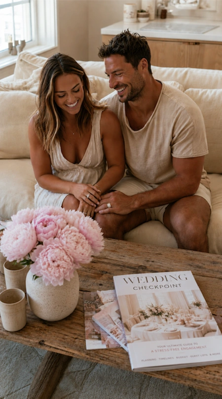What to Do First After Getting Engaged (Complete Checklist) 2 Happy engaged couple relaxing at home with wedding planning guide, pink flowers, and cozy engagement celebration vibe