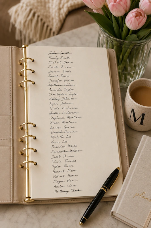 Wedding Guest List: How to Build, Track, and Trim It Without Losing Your Mind 4 Handwritten wedding guest list in a ring binder with crossed-off names, beside tulips, coffee, and a planning notebook.