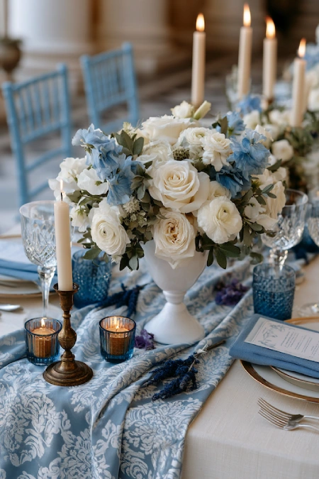 Luxury wedding tablescape with blue patterned runner, white floral centerpiece, taper candles, crystal glassware, and blue linens.