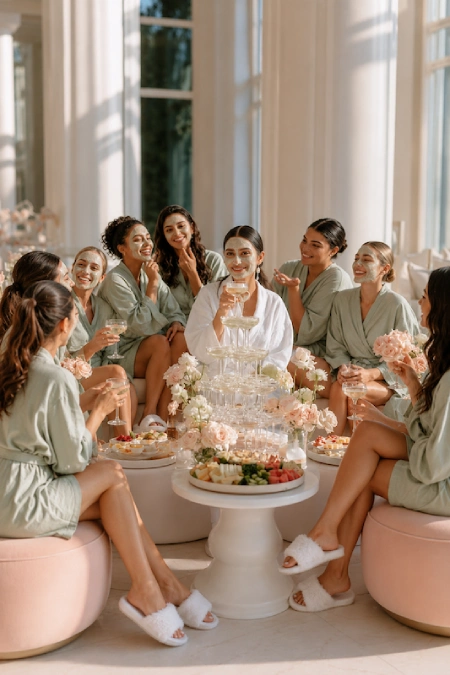 Bride and bridesmaids enjoy a luxury spa day with face masks, champagne tower, and elegant bridal party celebration.