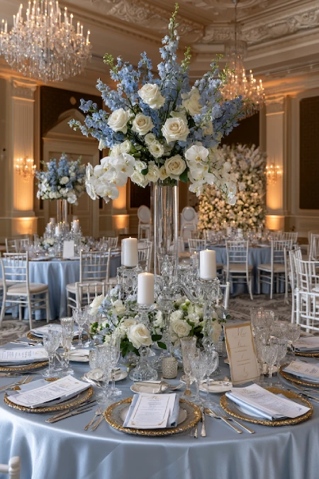 Luxury dusty blue wedding ballroom with towering floral centerpiece, crystal chandeliers, candles, and elegant reception décor.