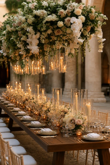 Wedding Guest Count: How Many Guests Should You Invite (And Afford)? 6 Luxurious wedding reception table with cascading floral installation, floating candles, and elegant place settings.