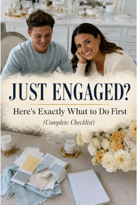 Newly engaged couple reviewing wedding plans with fabric swatches, flowers, and checklist under engagement guide headline.