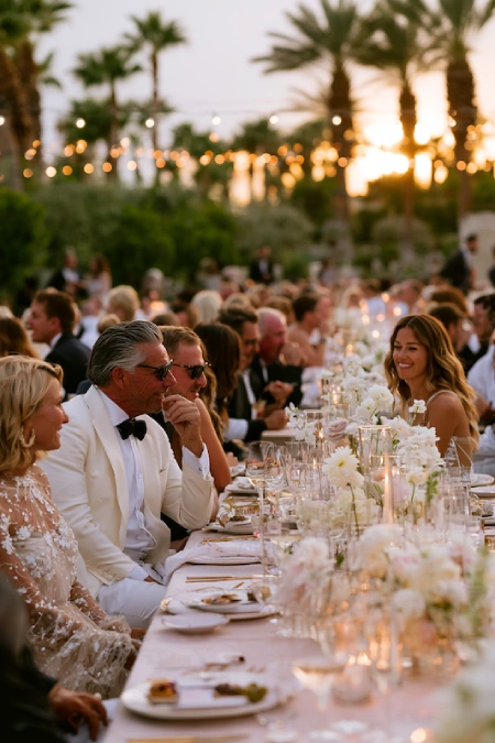 Wedding Guest Count: How Many Guests Should You Invite (And Afford)? 1 Guests enjoy an elegant outdoor wedding reception at sunset with candlelit tables, florals, and palm trees.
