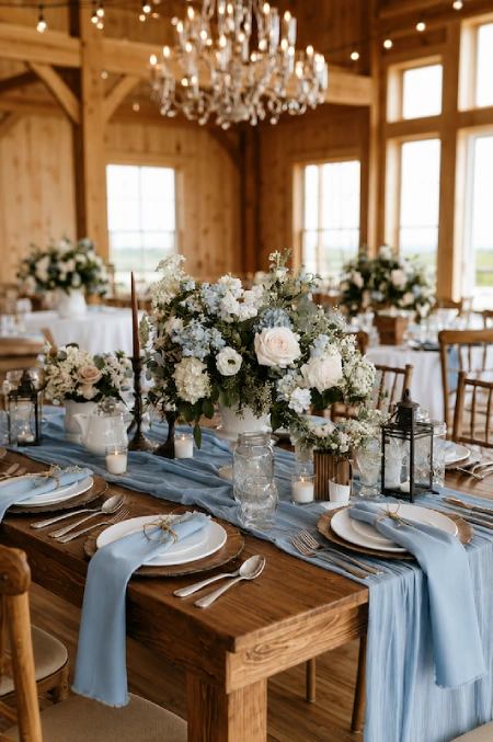 Rustic dusty blue wedding reception with flowing table runner, white floral centerpieces, lanterns, and warm wood barn décor.