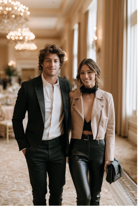 Why Weddings Go Over Budget (And Exactly Where the Money Goes) 1 Stylish young couple walking through an elegant ballroom venue, dressed in modern formalwear before a wedding event.
