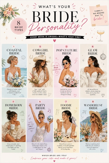 A bride personality infographic about Bachelorette Party Themes featuring eight bridal styles, including coastal, foodie, party, glam, and wanderlust.