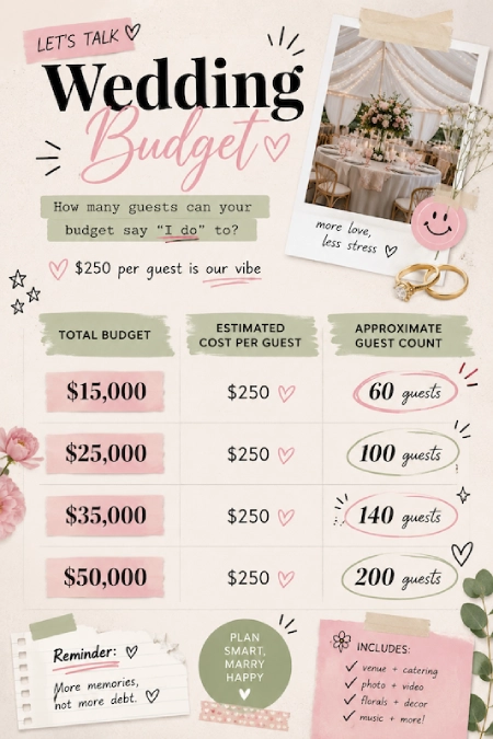 Wedding Guest Count: How Many Guests Should You Invite (And Afford)? 3 Wedding budget infographic showing estimated guest counts based on total budget using a $250 per guest planning guide.
