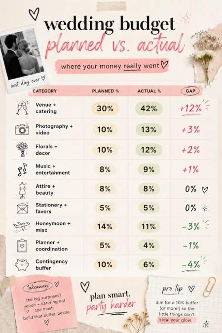 Why Weddings Go Over Budget (And Exactly Where the Money Goes) 3 Wedding budget infographic comparing planned versus actual expenses across venue, catering, flowers, and more.