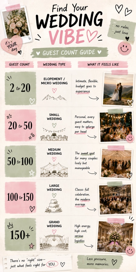 Wedding Guest Count: How Many Guests Should You Invite (And Afford)? 5 Wedding guest count guide infographic comparing micro, small, medium, large, and grand wedding celebration sizes.