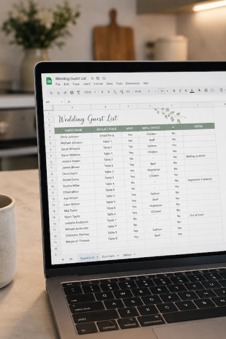 Wedding Guest List: How to Build, Track, and Trim It Without Losing Your Mind 2 Wedding guest list spreadsheet open on a laptop, showing RSVPs, meal choices, table assignments, and guest notes.