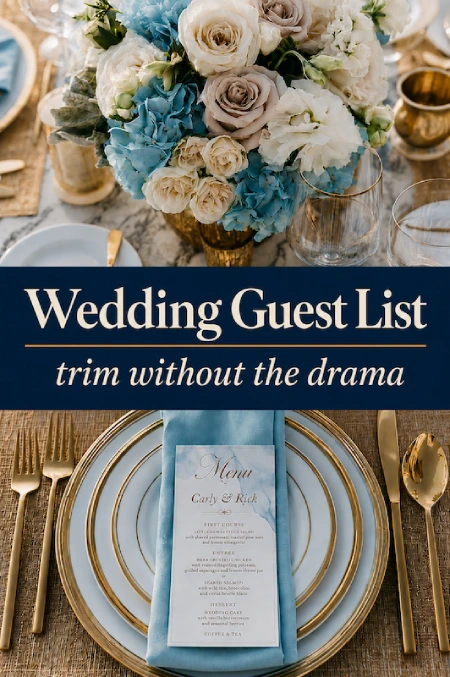Wedding Guest List: How to Build, Track, and Trim It Without Losing Your Mind 2 Elegant wedding tablescape with blue hydrangeas, gold flatware, menu card, and guest list trim without the drama text