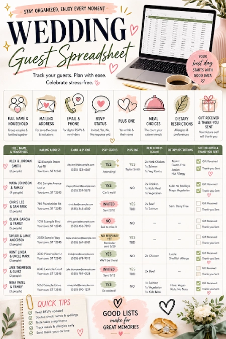 Wedding Guest List: How to Build, Track, and Trim It Without Losing Your Mind 3 Wedding guest spreadsheet template showing RSVPs, meal choices, addresses, plus-ones, and thank-you tracking.