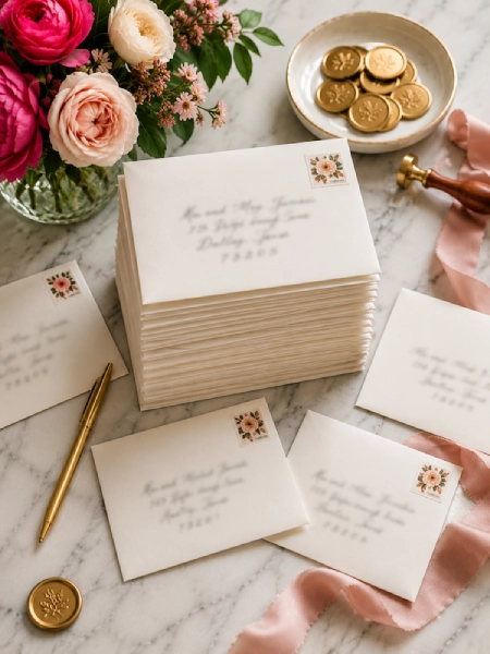 Wedding Guest List: How to Build, Track, and Trim It Without Losing Your Mind 5 Stack of wedding invitation envelopes with handwritten addresses, wax seals, flowers, and stationery on marble table.