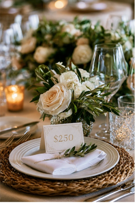 Wedding Guest Count: How Many Guests Should You Invite (And Afford)? 2 Wedding reception place setting with floral centerpiece and table card showing a sample guest budget allocation