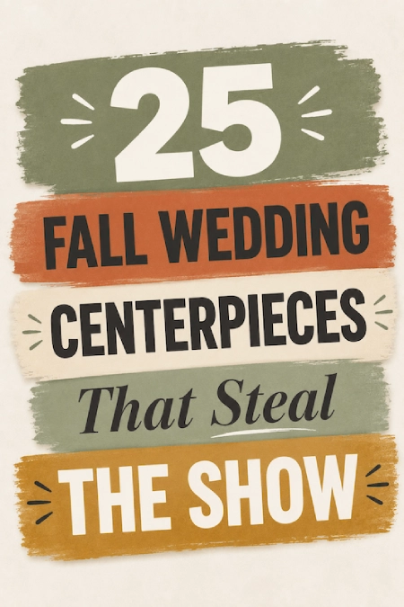 Pinterest pin with layered fall color blocks reading 25 Fall Wedding Centerpieces That Steal the Show in bold editorial typography