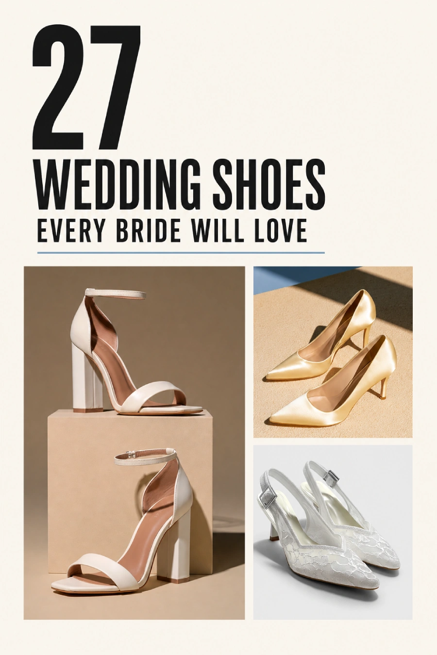 Collage of ivory block heels, gold pumps and lace slingbacks beneath the title 27 Wedding Shoes Every Bride Will Love graphic
