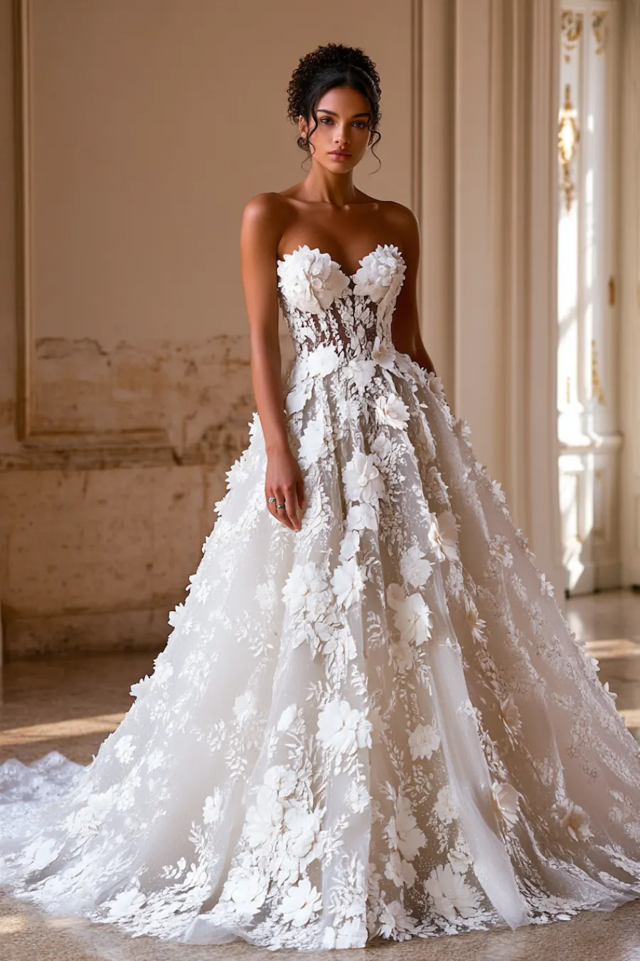 Bride wearing a 3D floral lace wedding dress with a strapless neckline and dramatic appliqué ball gown skirt in an elegant hall