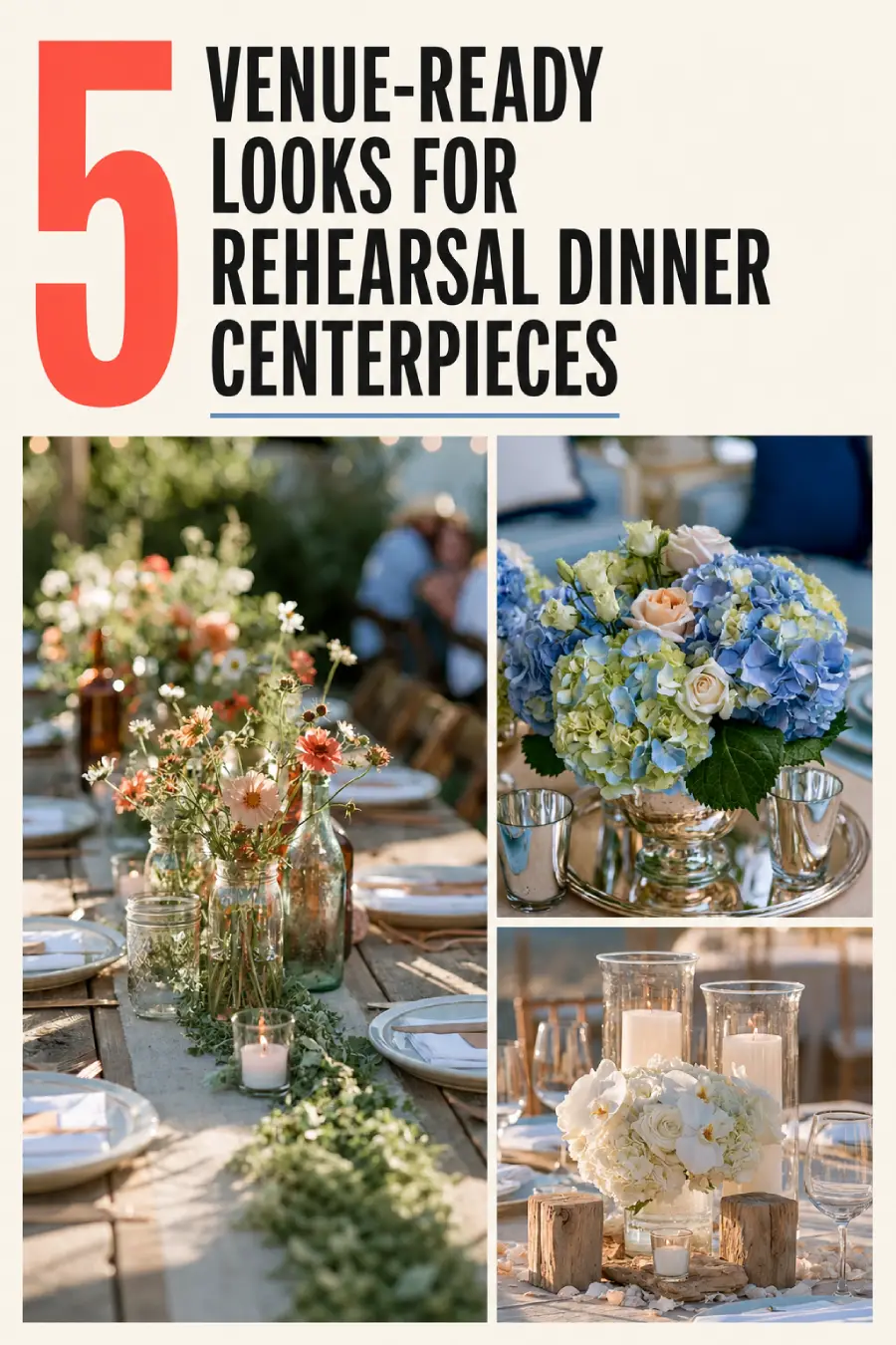 Rehearsal Dinner Centerpieces That Understood the Assignment: Easy Ideas for the Night Before the Big Night 1 Editorial collage of wildflower jars, blue hydrangeas, and white candlelit florals beneath a bold coral five.