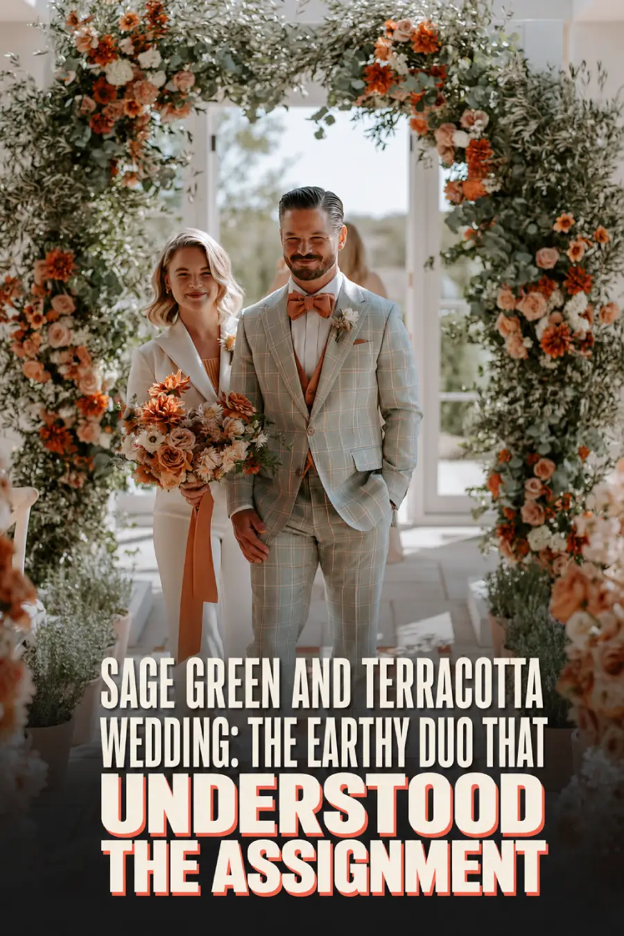 Sage Green and Terracotta Wedding: The Earthy Duo That Understood the Assignment 1 Newlyweds pose beneath a terracotta floral arch in sage and rust wedding attire with a bold editorial headline below