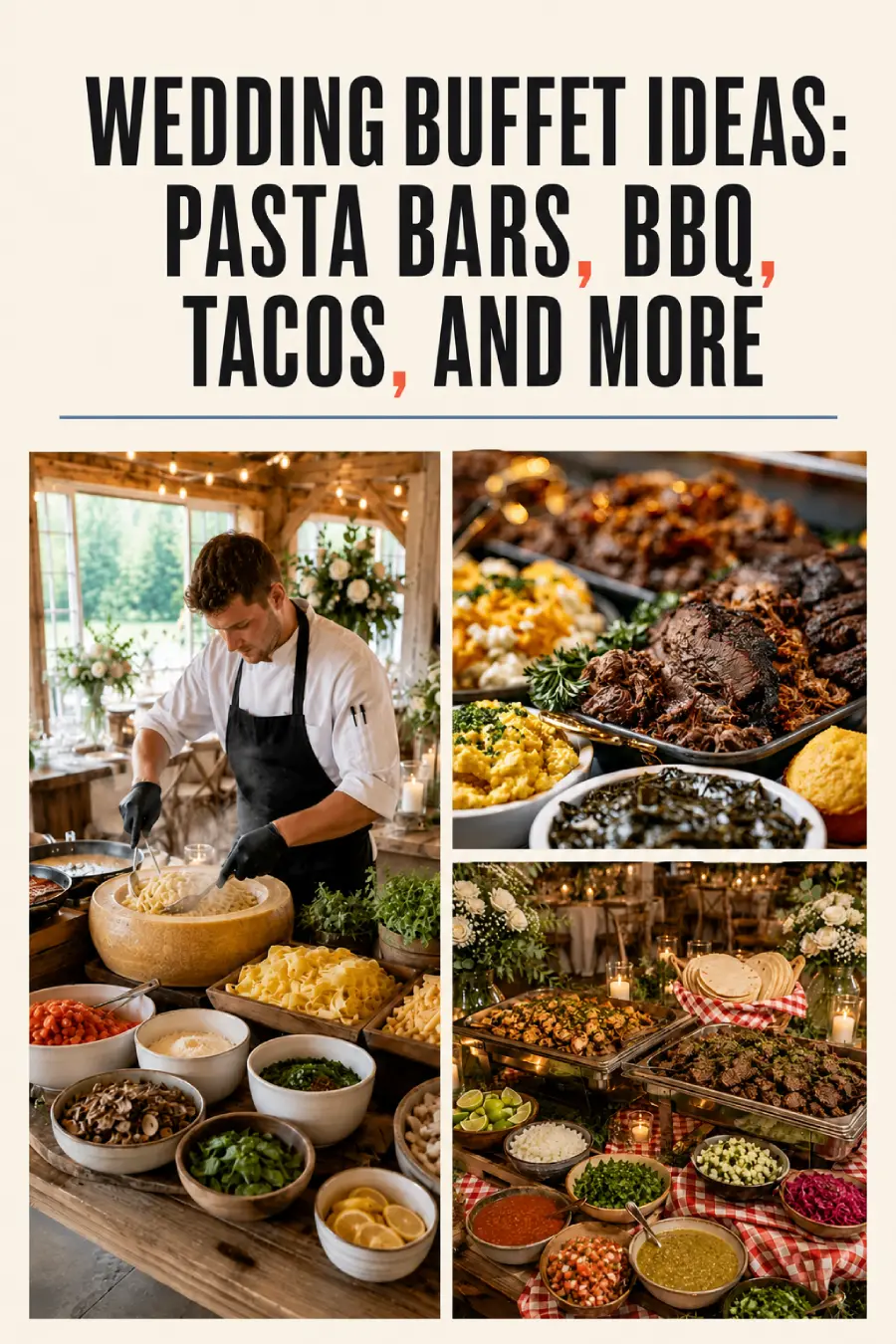 Wedding food station collage featuring a live pasta chef, smoked BBQ, and a taco bar