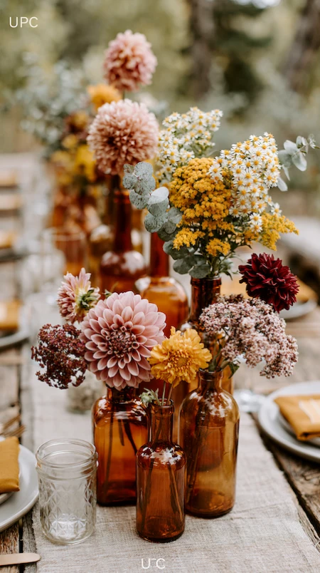 25 Fall Wedding Centerpieces With Main Character Energy (Cozy, Never Costume-y) 1 Amber glass bottle centerpieces with blush dahlias, golden yarrow, and wildflowers styled on a rustic outdoor wedding table