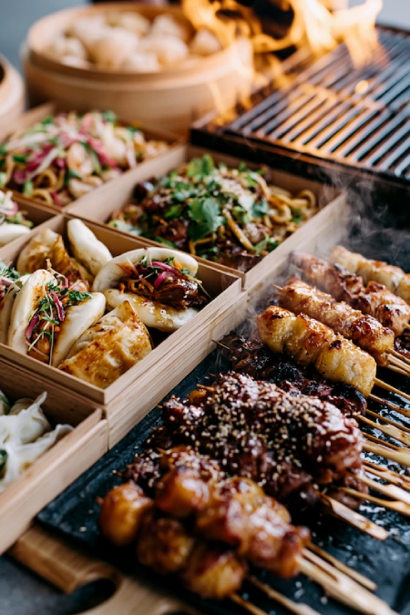 Wedding Buffet Ideas: Setups, Menus, and Layouts Guests Love (and Line Up Twice For) 11 Asian fusion wedding buffet with bao buns, grilled skewers, noodles, and colorful street food inspired reception catering
