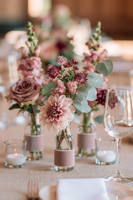25 Fall Wedding Centerpieces With Main Character Energy (Cozy, Never Costume-y) 9 Bud vase wedding centerpieces with blush dahlias, roses, eucalyptus, and pink florals on an elegant reception table