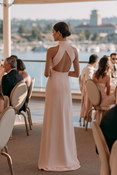 Rehearsal Dinner Dresses for the Bride: What to Wear at Every Formality Level 8 Bride-to-be in a blush halter gown with open back at a formal waterfront rehearsal dinner overlooking a marina at sunset