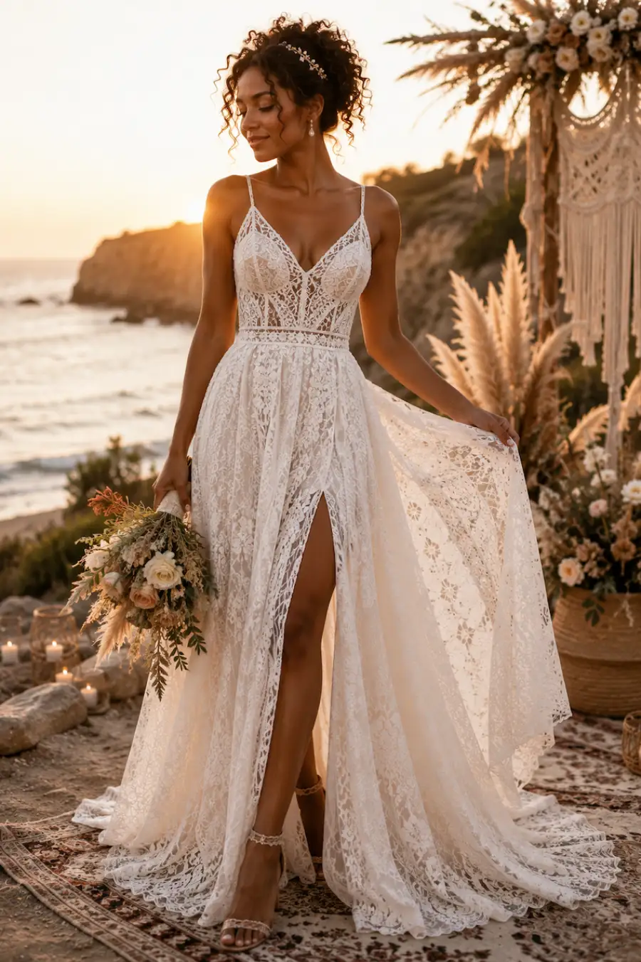 Bride in a boho lace wedding dress with a front slit posing at a beach ceremony during golden hour with coastal wedding décor