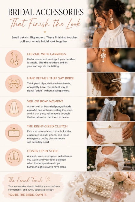 Rehearsal Dinner Dresses for the Bride: What to Wear at Every Formality Level 18 Rehearsal Dinner Dresses for the Bride accessory infographic featuring styling tips for earrings, hairstyles, veils, clutches, and chic cover-ups to complete your rehearsal dinner look