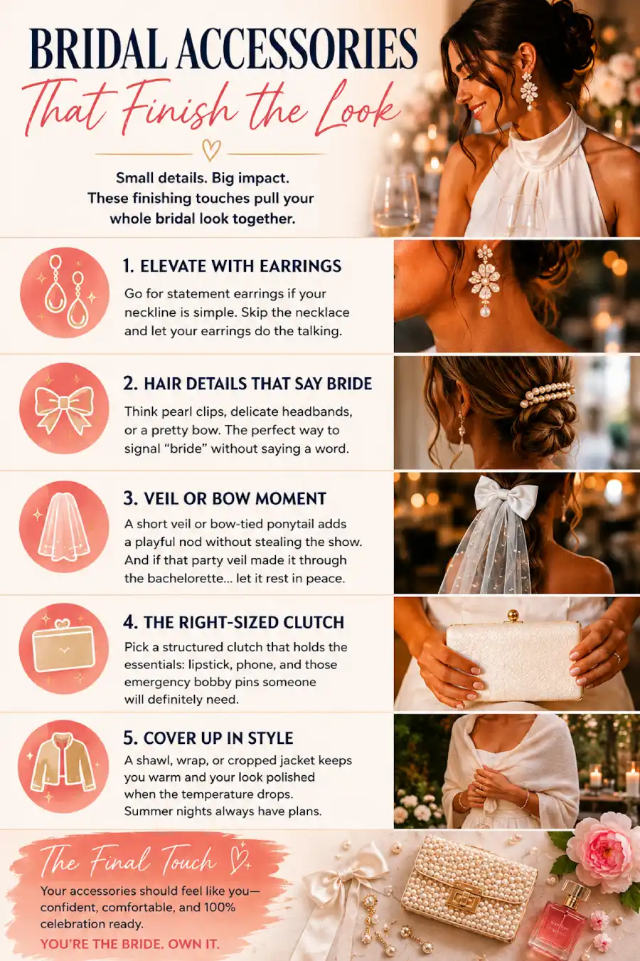 Bridal accessories infographic featuring earrings, hair accessories, veil, clutch, and wrap to complete a chic bridal look