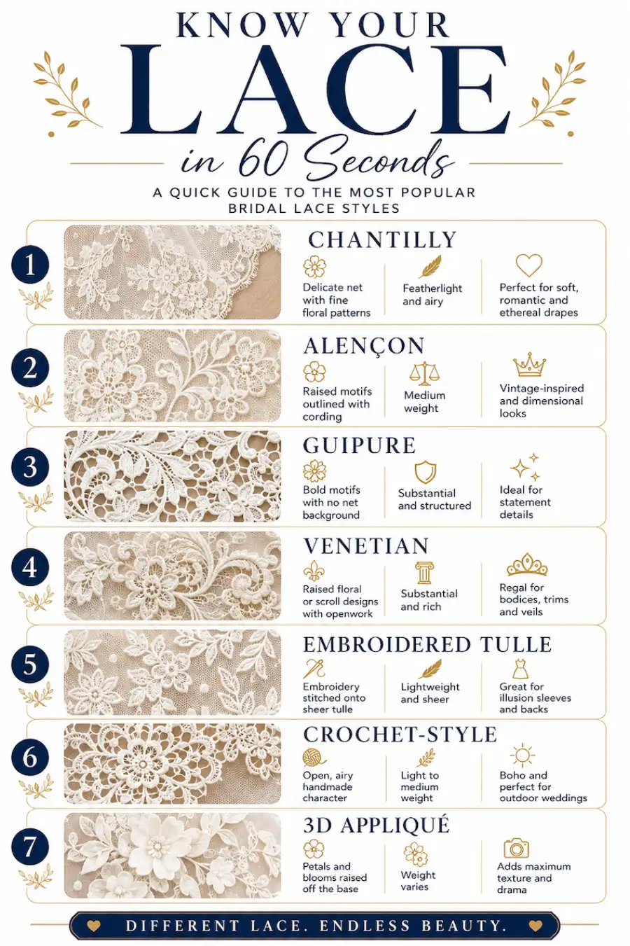 Infographic comparing seven bridal lace types including Chantilly, Alençon, Guipure and 3D appliqué for wedding dresses