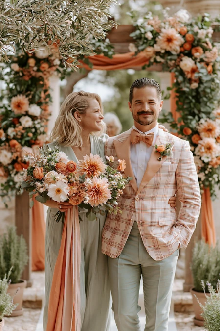 Sage Green and Terracotta Wedding: The Earthy Duo That Understood the Assignment 4 Bride and groom beneath a peach floral ceremony arch with lush bouquet, plaid blazer, and soft sage wedding attire