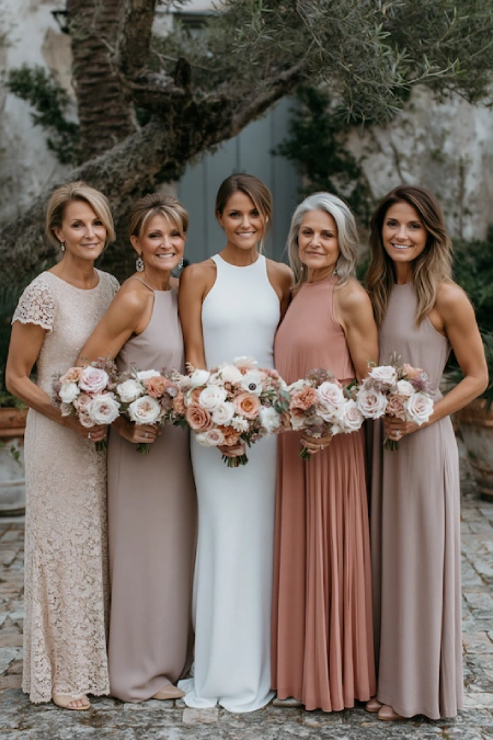 Sage Green and Terracotta Wedding: The Earthy Duo That Understood the Assignment 8 Bride poses with her mother and bridesmaids in neutral dresses holding blush rose bouquets at an outdoor wedding venue