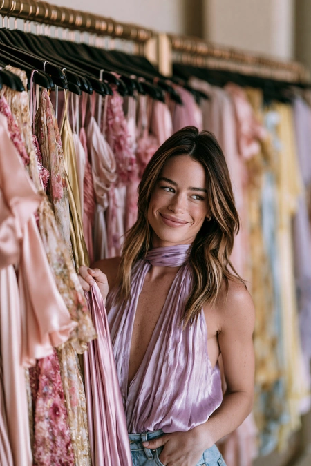 Rehearsal Dinner Dresses for the Bride: What to Wear at Every Formality Level 17 Bride-to-be in a lilac satin halter top and jeans browsing a rack of pastel dresses while shopping for her rehearsal dinner