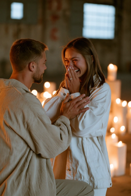 Proposal Ideas: 40 Ways to Pop the Question She'll Never Stop Talking About 10 Man proposing in a candlelit room as smiling woman covers her face in surprise with engagement ring sparkling on her hand