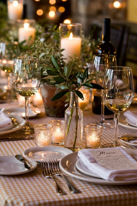 Candlelit rehearsal dinner table with olive branches, wine glasses, and cozy Italian restaurant ambiance