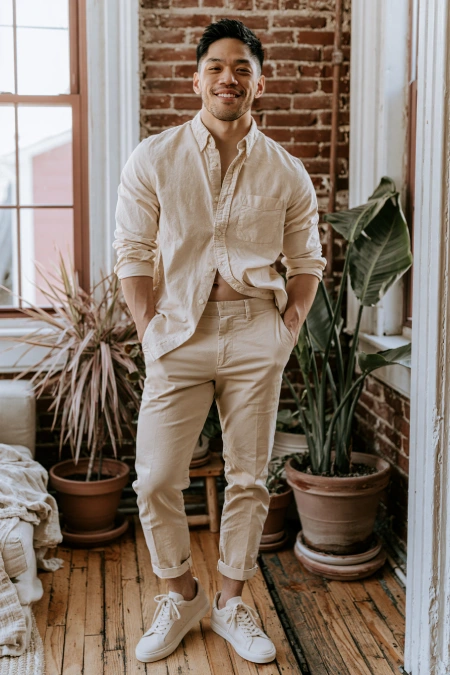 The Perfect Rehearsal Dinner Dress for Guests: Your Complete Outfit Guide 13 Man in a relaxed monochrome outfit with linen shirt, chinos, and sneakers for casual rehearsal dinner style
