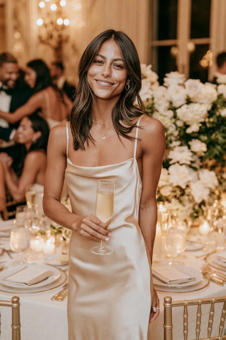Rehearsal Dinner Dresses for the Bride: What to Wear at Every Formality Level 4 Bride-to-be in a champagne satin slip dress holding a glass of bubbly at an elegant candlelit rehearsal dinner with white roses