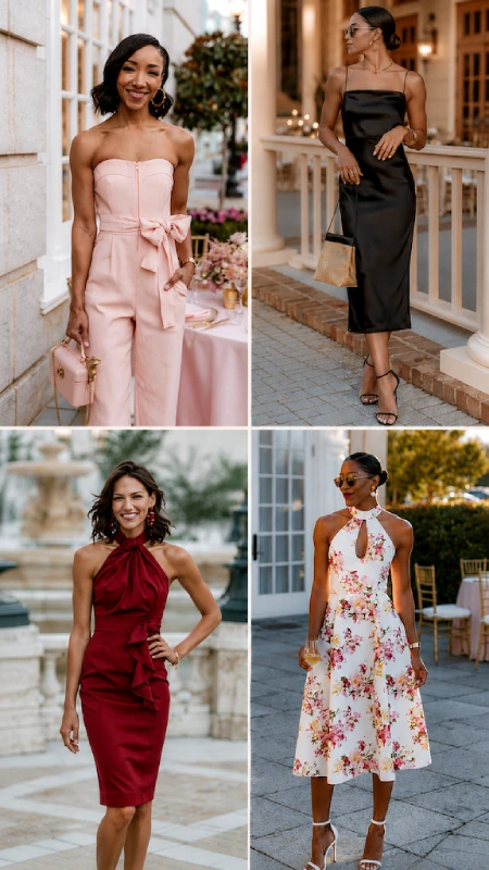 The Perfect Rehearsal Dinner Dress for Guests: Your Complete Outfit Guide 4 Collage of chic rehearsal dinner outfits featuring jumpsuits, cocktail dresses, and floral midi styles for guests