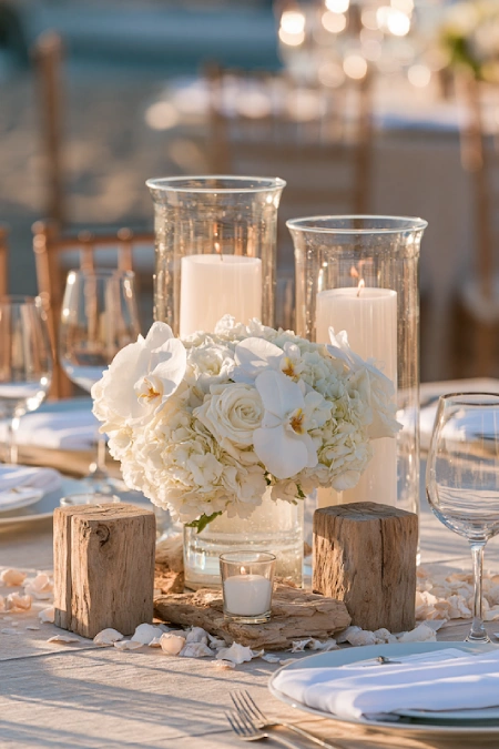 Coastal rehearsal dinner centerpiece with white florals, driftwood accents, and candlelit beachside elegance