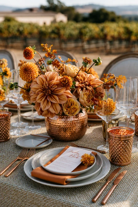 25 Fall Wedding Centerpieces With Main Character Energy (Cozy, Never Costume-y) 16 Copper vase centerpiece with caramel dahlias, amber blooms, and vineyard views on an elegant fall wedding reception table