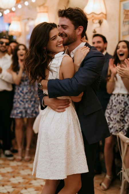 Rehearsal Dinner Dresses for the Bride: What to Wear at Every Formality Level 1 Smiling couple embracing at their rehearsal dinner, bride-to-be in a white ruffled mini dress as guests cheer around them