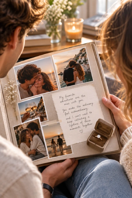 Proposal Ideas: 40 Ways to Pop the Question She'll Never Stop Talking About 7 Couple looking through a photo album with romantic snapshots, handwritten love note, and diamond engagement ring