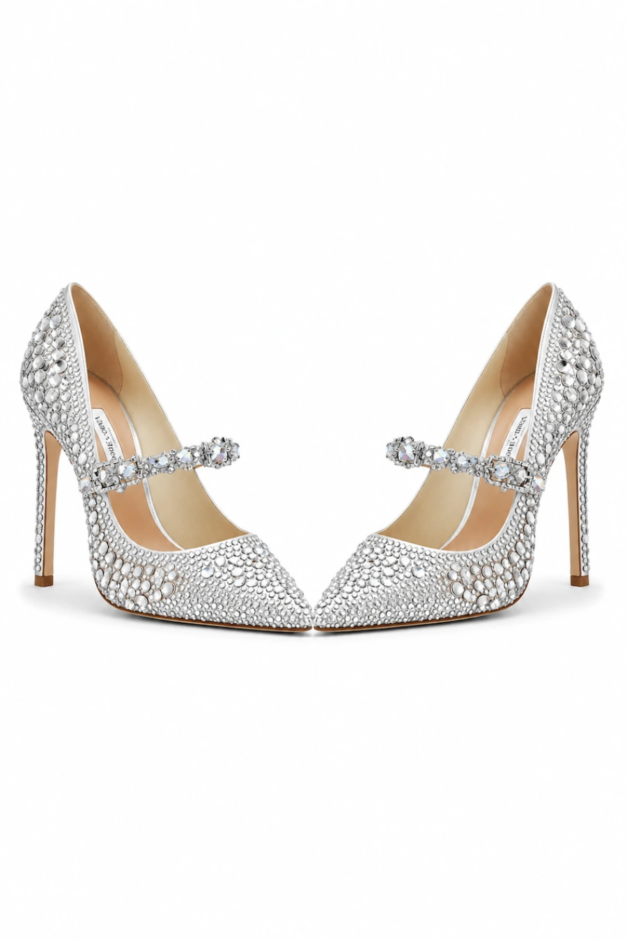 Wedding Shoes for the Bride: 27 Beautiful Ideas That Balance Style and Comfort 4 Crystal embellished bridal Mary Jane pumps with pointed toes, sparkling rhinestones, and slim heels on a white background