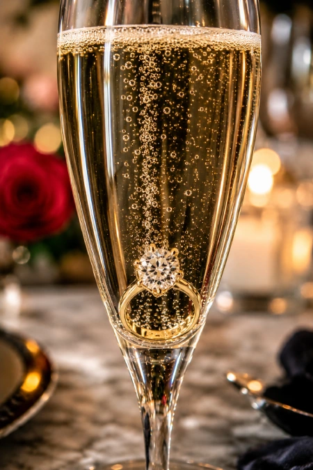 Proposal Ideas: 40 Ways to Pop the Question She'll Never Stop Talking About 13 Diamond engagement ring inside a champagne flute filled with sparkling wine, surrounded by romantic candlelight and soft bokeh
